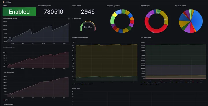 Pi-hole monitoring dashboard showing DNS queries, blocked domains, and filtering activity